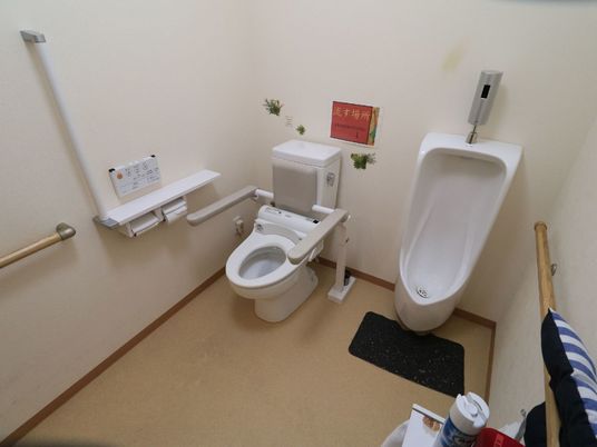 トイレはスペースが広く確保されており、男性用の小便器の横には、快適に利用できる温水洗浄便座器が完備されている。