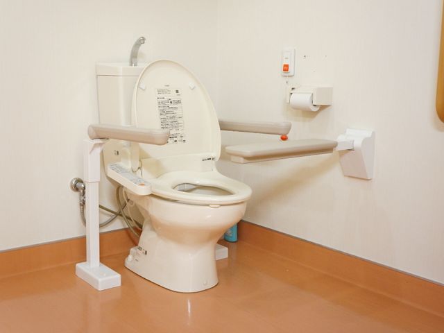 バリアフリー設計のトイレ トイレ 安全に配慮されたトイレ設備です。手すりが設けられており、安定した支えが可能になっています。