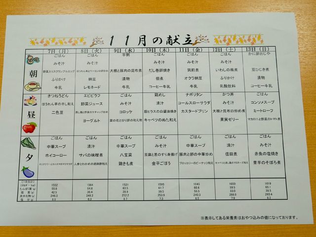献立表のページ