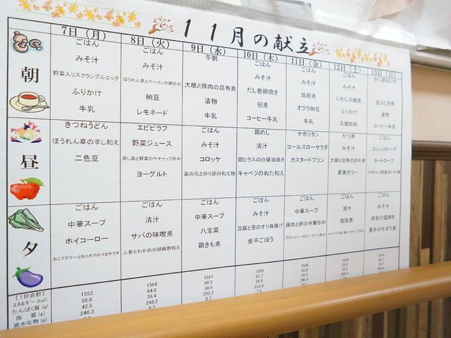 活動スケジュールの掲示物 展示物 毎日の食事メニューやイベントが一目で確認できる、利用者様の豊かな生活を支援します。