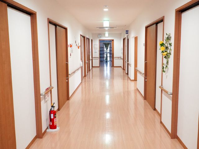 明るい廊下の風景 廊下 清潔で明るく整備された廊下が広がっており、壁に掲げられた花が心地よい雰囲気を醸し出しています。手すりが設置されているので、歩行に不安がある方も安心して移動できます。