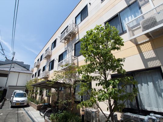 建物外観と緑の樹木