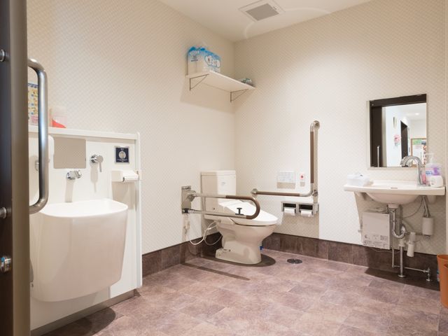バリアフリー対応の洗面台 トイレ  手すり付きでゆったりとしたスペースのトイレは、安全に配慮された設計です。利便性を重視した清潔な洗面所も備わり、快適にお過ごしいただけます。