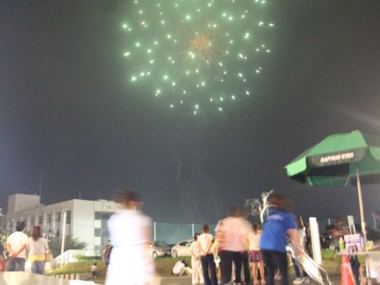 夜空に花火を見上げる人々