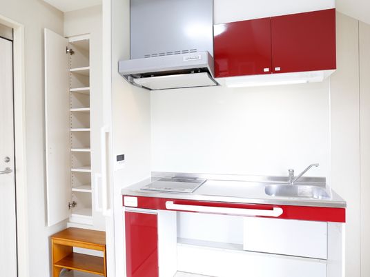 赤いキッチンの一角