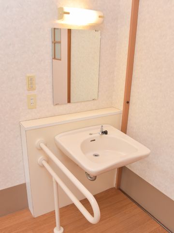 バリアフリー洗面台 洗面台 手すり付きの洗面台で安全性が高く、利用者の自立を支援します。明るい照明と清潔感のあるデザインで快適にお使いいただけます。