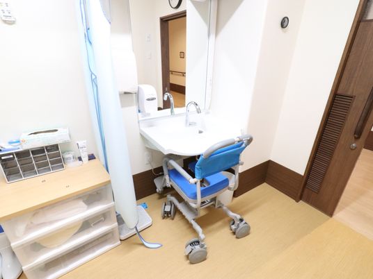 清潔な洗面台とシャワーチェア