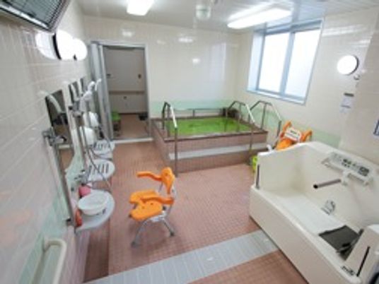 手すり付き広々とした浴室