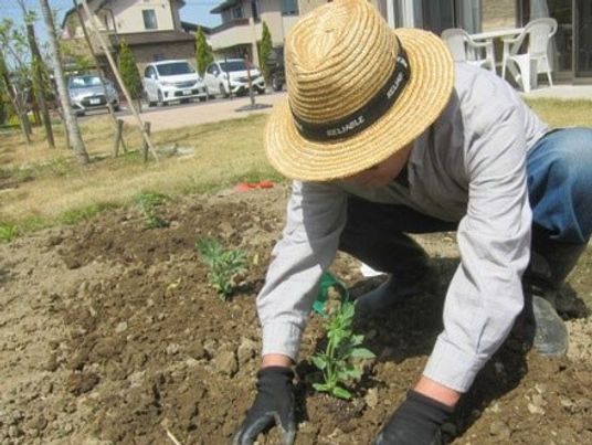 庭で作業する人影
