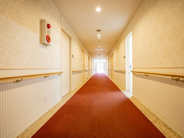 長い廊下 廊下 自然光が差し込む明るい廊下です。居室へと続く手すりが設置され、安心して移動できます。
