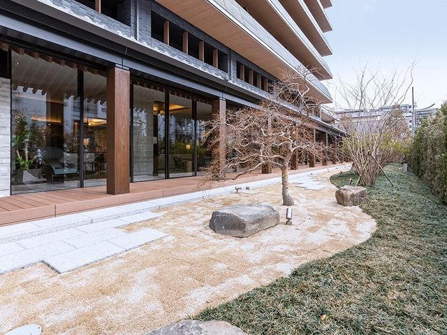 庭付きモダンな建物外観 庭園 自然光が差し込む落ち着きのある中庭は、訪れる人に穏やかな時間を提供します。手入れされた緑が豊かな雰囲気を醸し出しています。