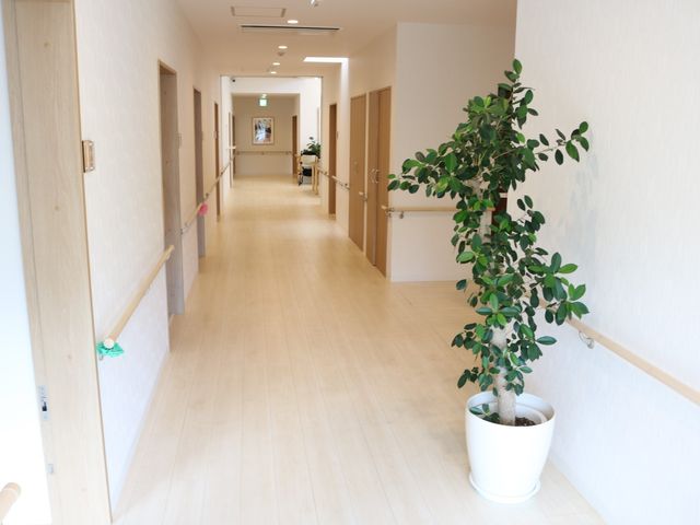 明るい廊下の一角 廊下 手すりが設けられた綺麗な廊下は、歩行が困難な方でも安心して移動ができるよう配慮されています。遠くには車椅子に座る方も見え、安全でゆったりとした空間が確保されています。