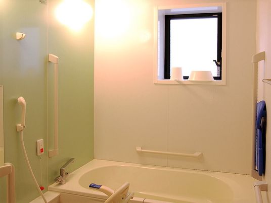 ライトグリーンと白の一人用の浴室。浴槽の周りにはたくさんの白い手すりが付き、シャワーやオレンジの呼び出しボタンもある。
