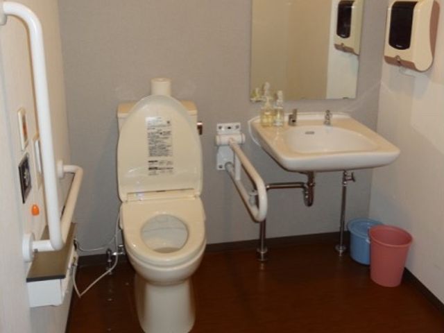 バリアフリー設計のトイレ トイレ サポート用の手すりが備わった清潔感のあるトイレです。安全かつ独立して利用できるよう工夫がされています。