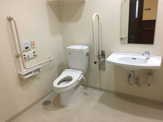 可動式の手すりと壁の手すりがついているトイレ。緊急コールがついている様子が写っている