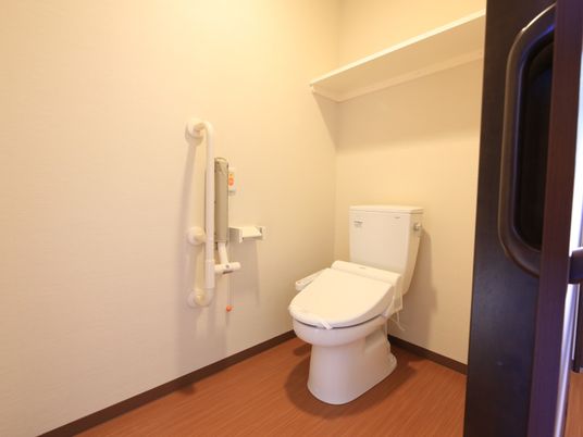 木目調の床と白い壁に囲まれた、温水洗浄便座の付いたトイレがある。壁には手すりが設置され、天井付近には棚が付いている。