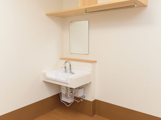 居室に洗面台がある。レバー引き上げ式の水栓で、シンクの手前の方が少し低い構造になっている。