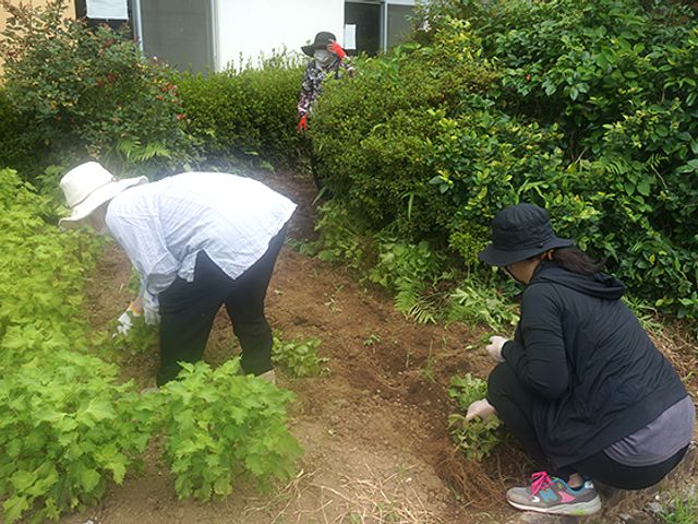 庭作業をする人々 庭 緑に囲まれた庭で、利用者が楽しみながら土いじりをしています。リラックスした雰囲気です。