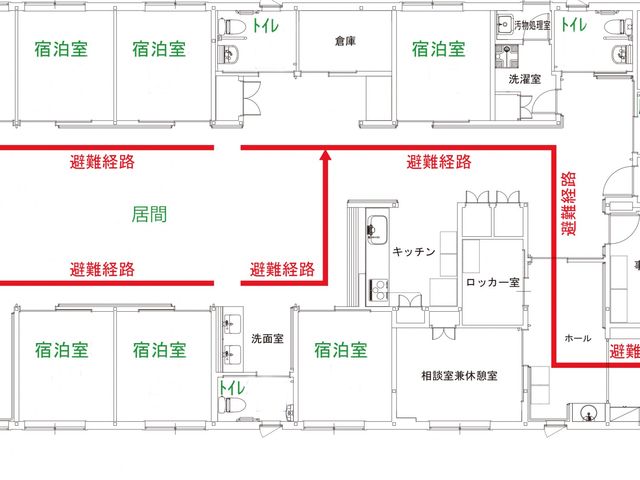 避難経路示された居間 居室 避難経路が示された居間です。十分なスペースが確保されており、安全に配慮されています。