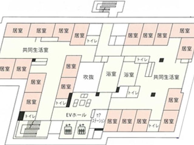 建物の見取り図 内観 居室と共同生活室が配置された見取り図です。動線がわかりやすく、各施設の配置が確認できます。