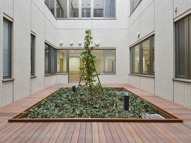 心安らぐ中庭 中庭 緑あふれる中庭は、安らぎのひとときを提供し、四季の移ろいを感じられる場所です。木のベンチが配置されており、憩いのスペースになっています。
