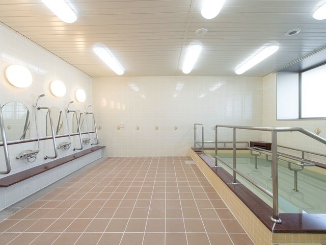 手すり付き明るい浴室