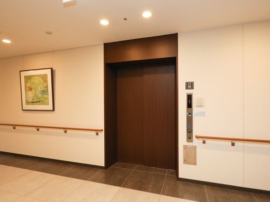 茶色い扉のエレベーターがある。操作パネルがあり、１階を表示している。壁に設置された手すりの上に絵が飾られている。