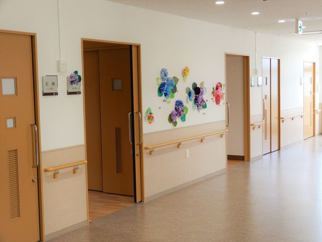 ドアが並ぶ明るい廊下 廊下 明るい廊下には、手すりが完備されており、安全に移動できます。カラフルな飾りが彩りを添えています。