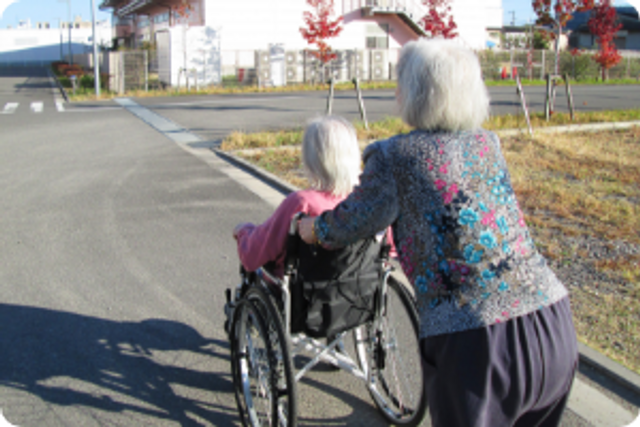 車椅子を押す女性の庭
