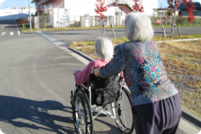 車椅子を押す女性の庭