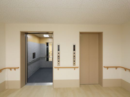 ベージュ色の扉のエレベーターが２基設置されている。車椅子を使う方専用のボタンがあるので安心である。