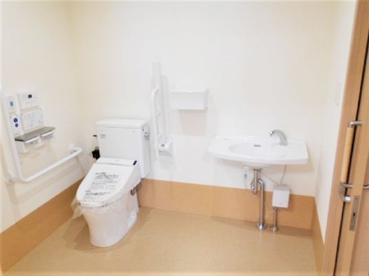 手すりや呼び出しボタンが付いたトイレはシンプルな造り。介助スペースが広くて洗い場もある。
