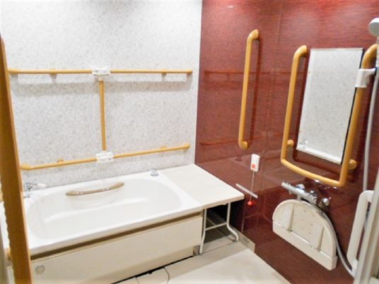 白い浴槽が置かれた広い浴室は洗い場が広く、シャワーや手すり、ベンチも設置されている。