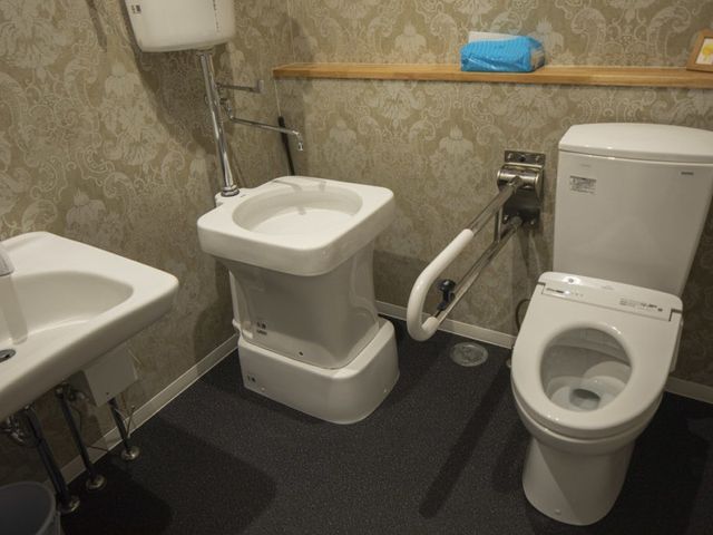 手すり付きトイレ トイレ   手すりや便器まわりのスペースがあり、移動しやすさに配慮されたトイレです。洗面台も近く、身支度がしやすそうです。