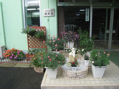 色とりどりの花々が並ぶ入り口
