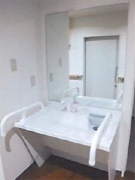 白く大きな洗面台には大きな鏡があり、両脇に手すりもついている。フットレスの洗面台は車椅子をご利用の方にも安心である。