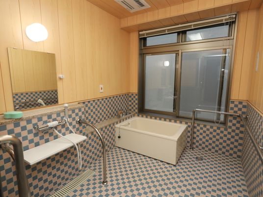 壁の中央から下から床にかけて、ネイビーとベージュのチェック模様である。窓の前に、白い浴槽があり、銀色の手すりが付けられている