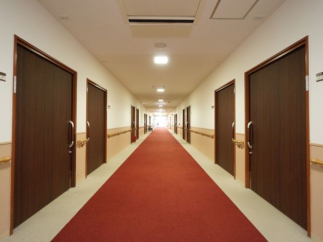 清潔な廊下の風景 廊下 赤い絨毯が引かれた廊下は清潔感があり、手すりが設置されており安全に配慮されています。明るく開放的な空間でのお仕事はいかがでしょうか。