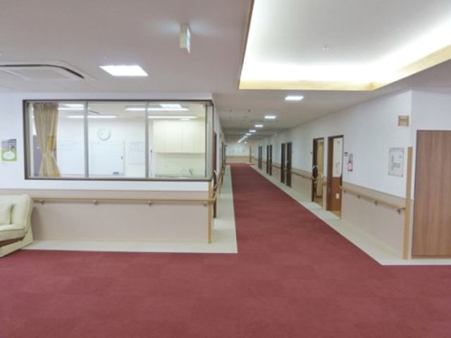 赤いカーペットのある廊下 通路 ゆったりとした空間の廊下は、足元の赤いカーペットが歩行の快適さをもたらします。壁面には手すりが設けられ、安全に配慮された設計です。