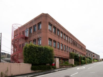 茶色の建物と赤い階段