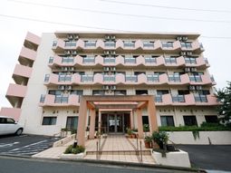 ピンクの建物とエントランス