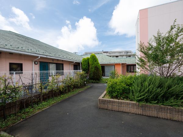 一階建ての建物と緑