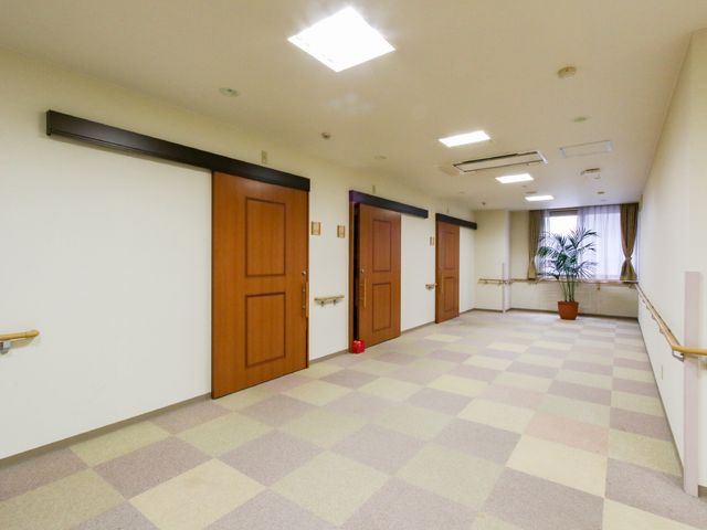 明るい廊下の一角 共有スペース ゆったりとした廊下は、明るく開放的な雰囲気を漂わせており、壁には手すりが設置されています。窓からの自然光が心地よく差し込んでいます。