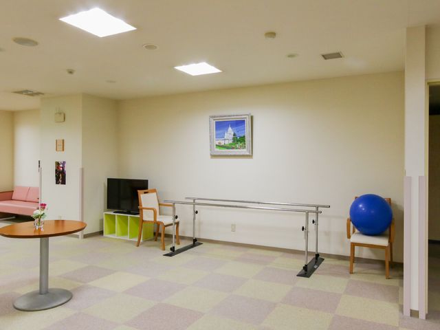 機能訓練用具と共有スペース 共有スペース 広々としたリハビリテーションスペースです。さまざまな訓練器具を用いて、身体機能の向上をサポートします。
