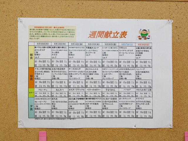 掲示物の活発な様子 献立表 そこは情報が満載の壁面で、日々の活動スケジュールが充実しており、来る者の関心を惹きます。