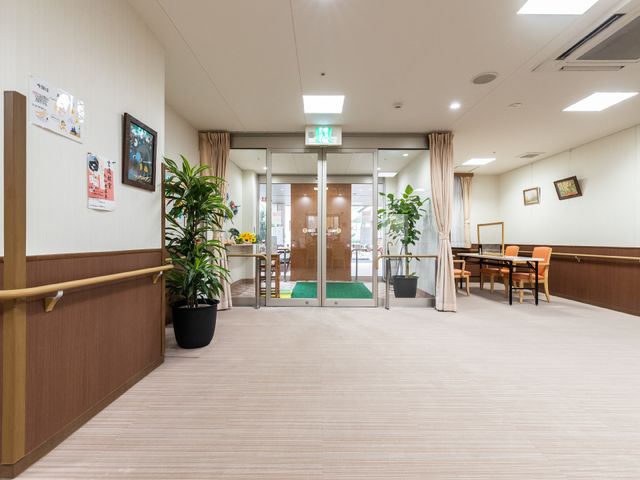 廊下に植物と掲示物 手すりが設置された廊下には緑が溢れ、掲示物が情報を提供しており、明るく安全な環境が整えられています。