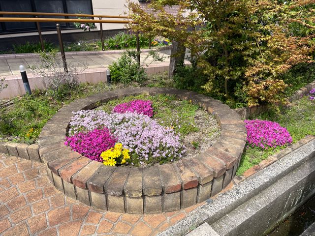 花壇が美しい庭 庭 色とりどりの花が咲く庭があり、リラックスした雰囲気で働きやすい環境です。