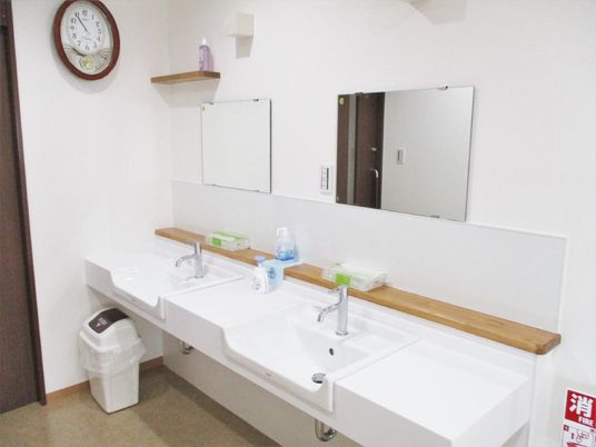 施設の写真 車いす対応の洗面所が二つ並び、それぞれに鏡がついている。洗面所の左下にはゴミ箱が、壁には時計が設置されている。