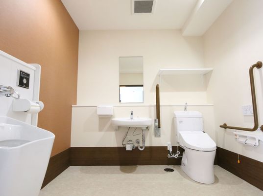 オストメイト対応の広いトイレには手洗い場もあり、白い壁に設置されたダークブラウンの手すりがよく目立つ。手洗い場には大きな鏡もある。
