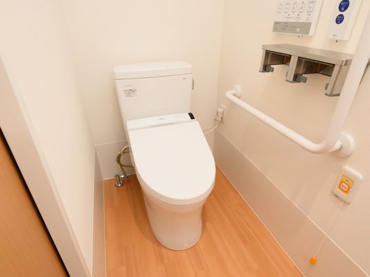 個室内には温水洗浄便座付きの便器が設置されている。操作盤にはイラスト付きボタンがあり、誰でも簡単に使用できる。